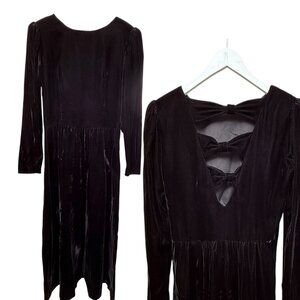 LANZ OF SALZBURG Vintage Velvet Dress XS Black Midi Fairy Goth Retro Bow Back
